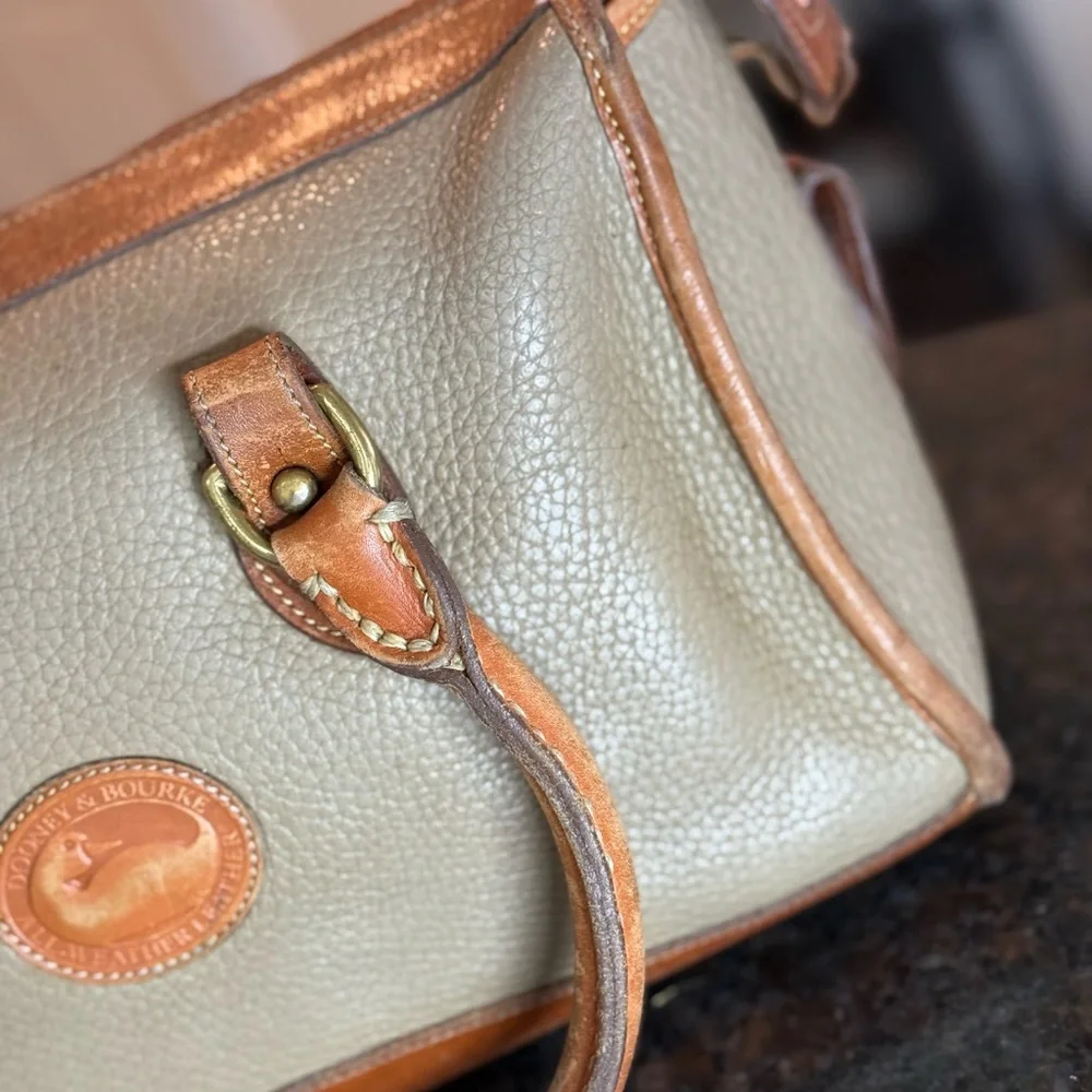 Vintage Dooney & Bourke Olive Green and Brown Leather Satchel with Brass Accents